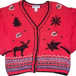 Vintage‎ Gina Peters Moose Leaf Cardigan L Apple Red Knit Fair Isle Sweater